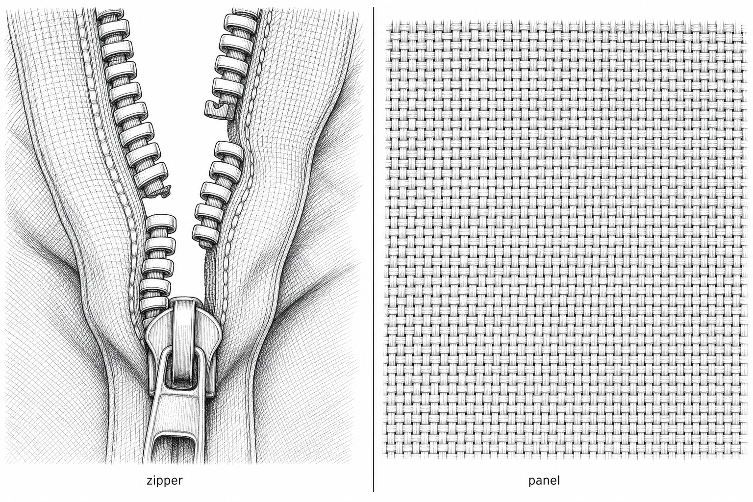 Diagrammatic comparison - worn zipper teeth beside intact woven panel