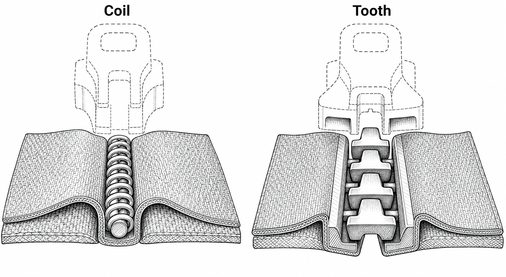 Two-panel cross-section comparing coil zipper and molded tooth zipper