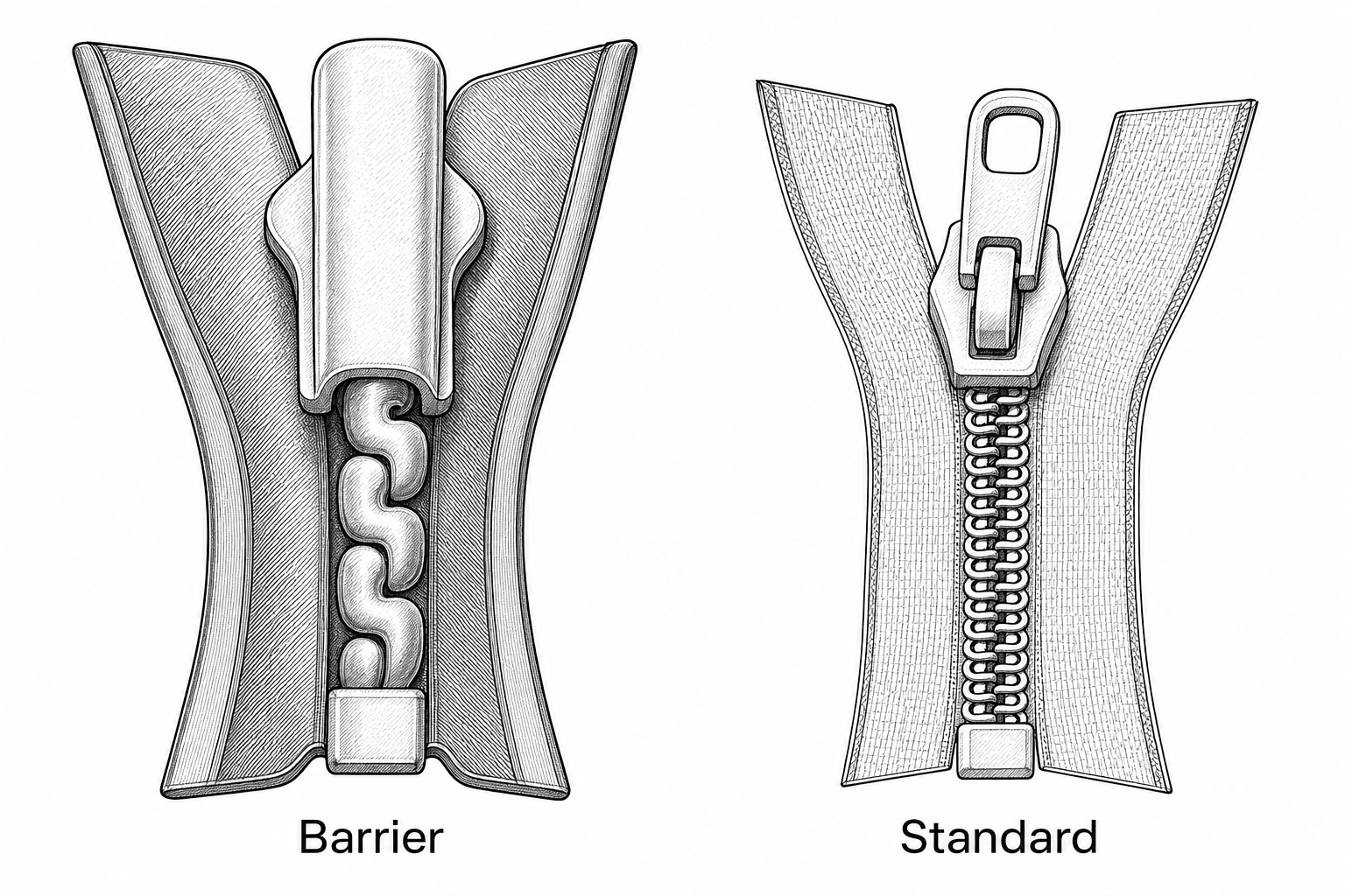 Profile comparison of waterproof zipper closure vs standard coil zipper