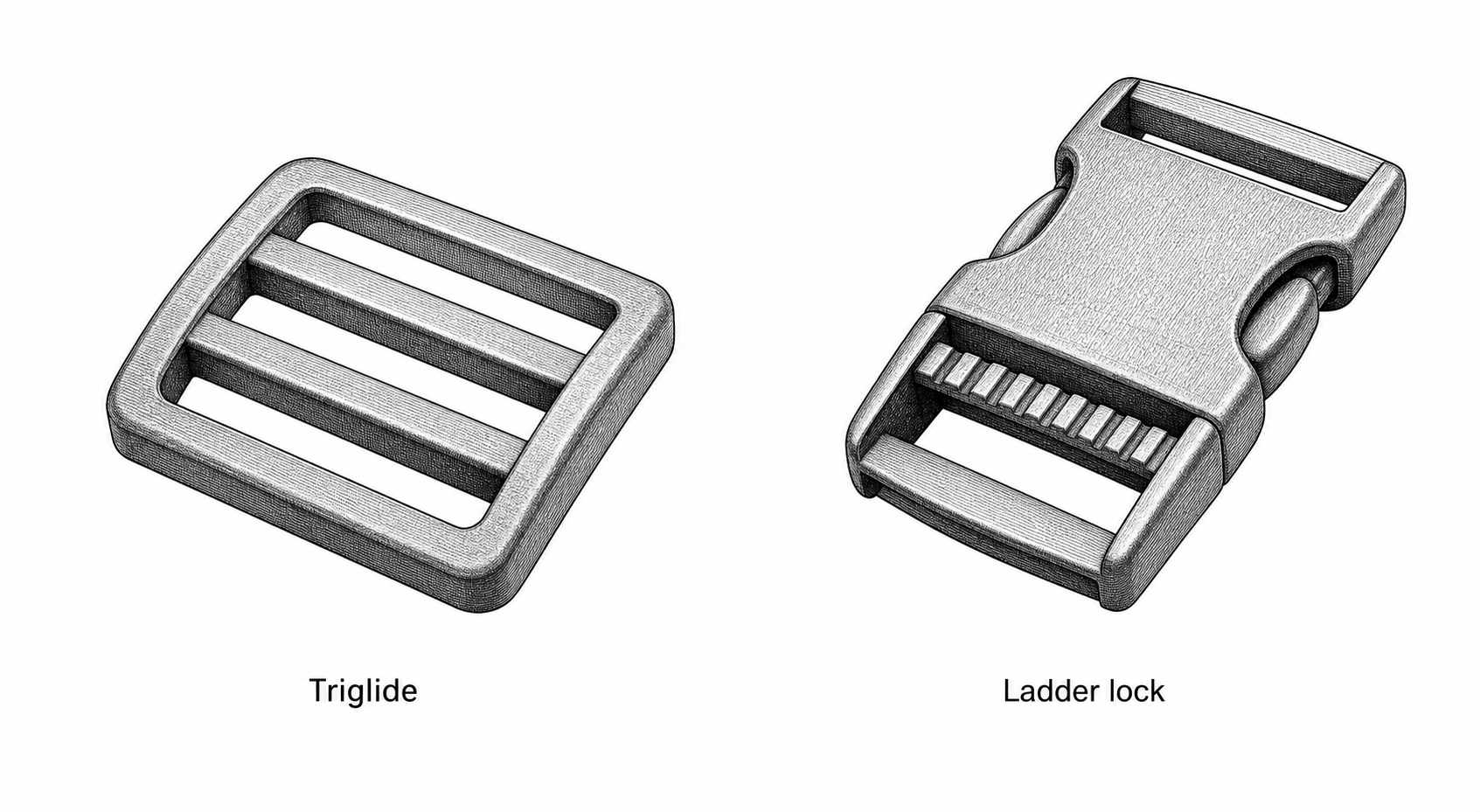 Two generic strap hardware pieces - triglide and ladder lock