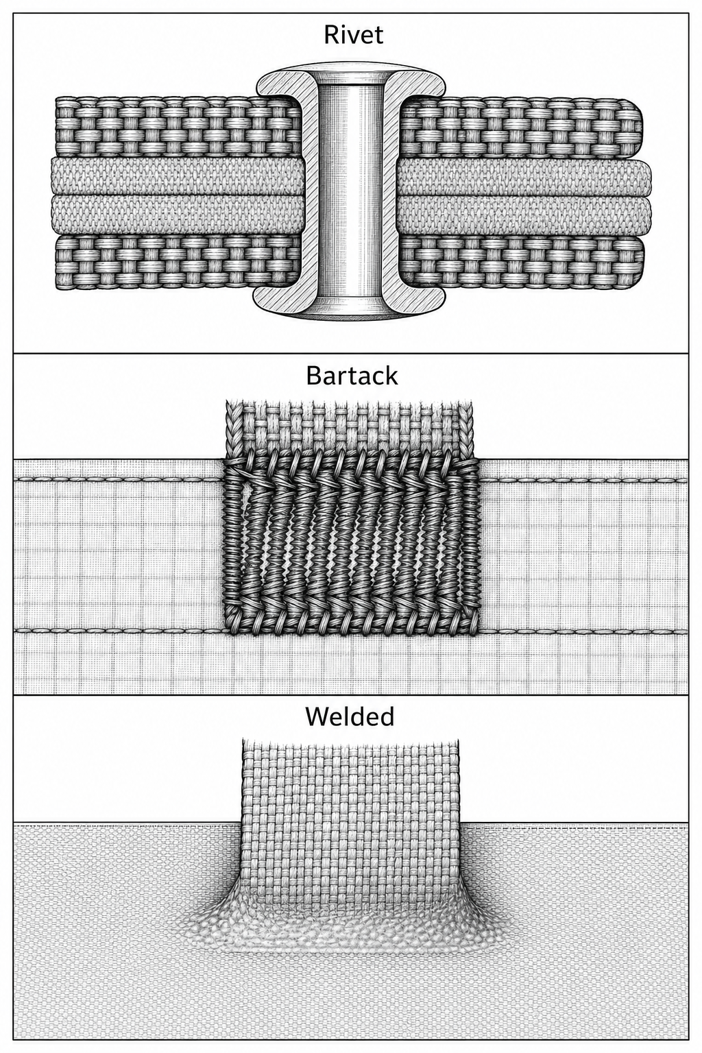 Three-panel cross-section of riveted, bartacked, and welded strap-to-panel joints