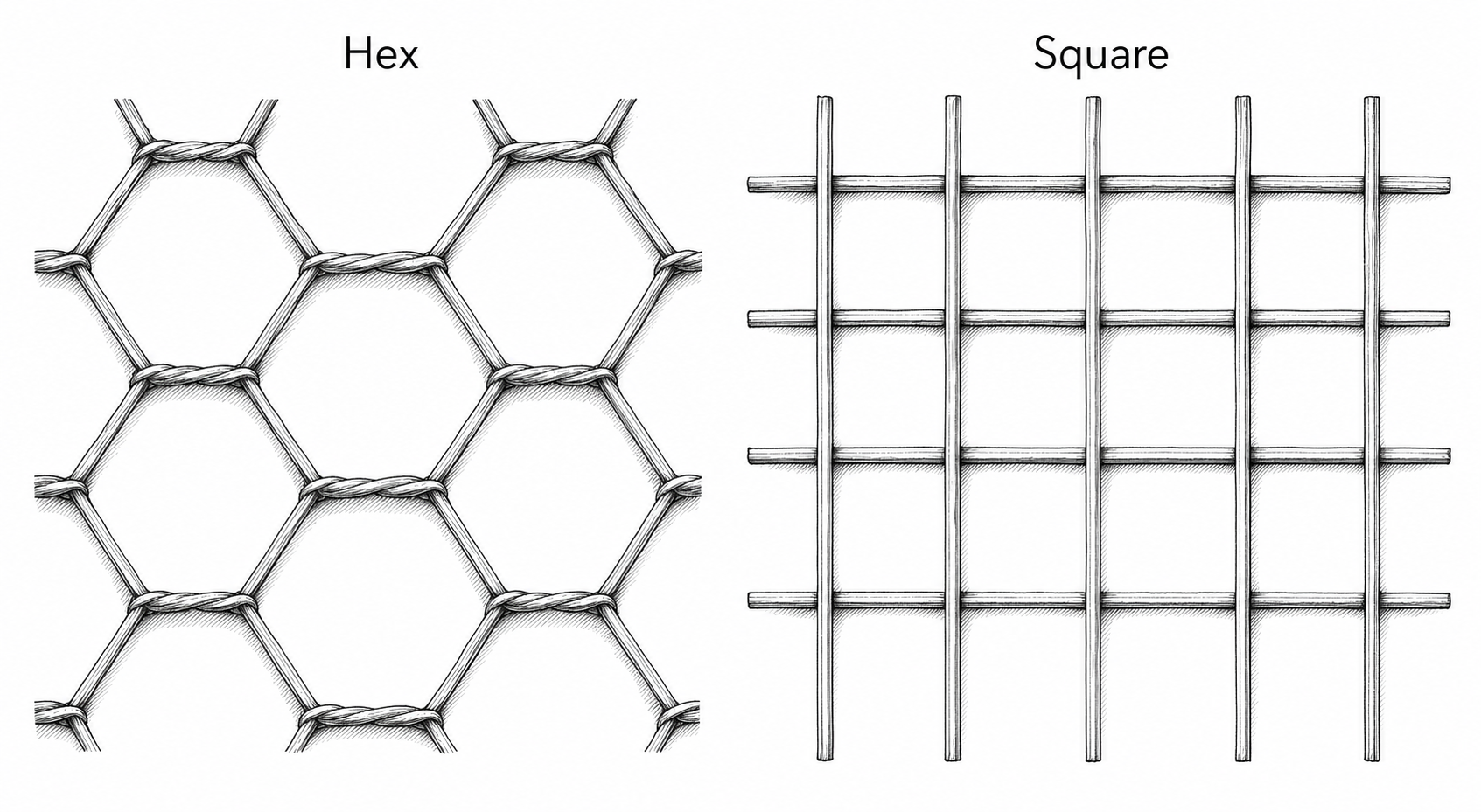 Top-down comparison of hexagonal and square mesh grids