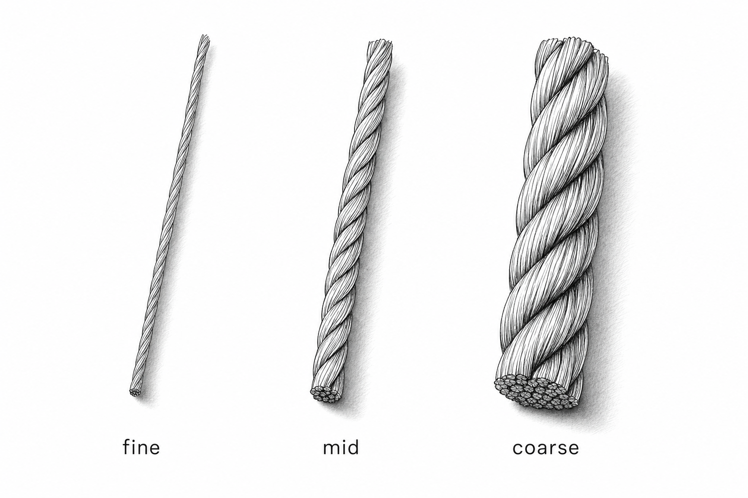 Three sewing threads side by side increasing thickness