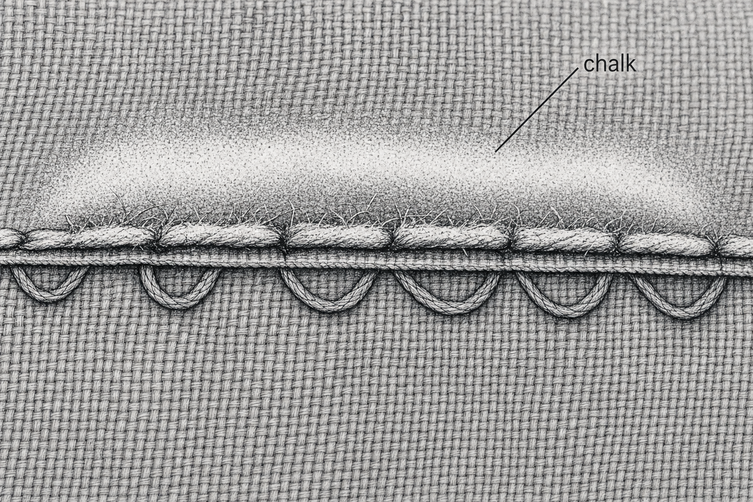 Macro schematic of faded exterior stitch line on synthetic fabric