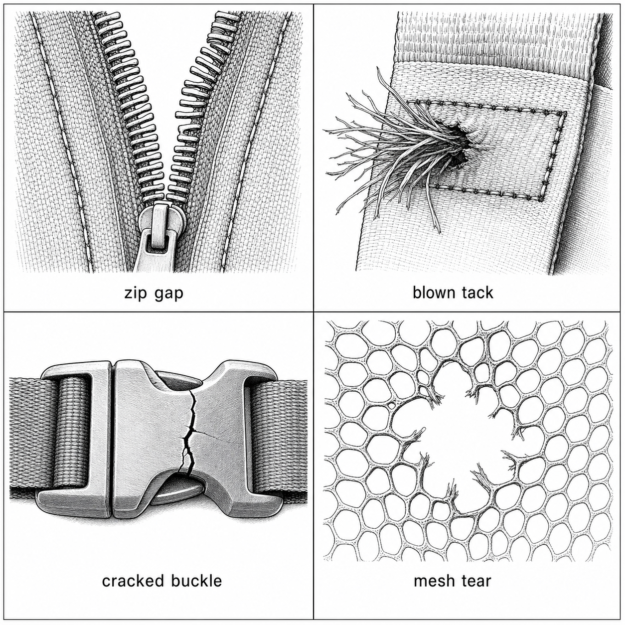 2x2 grid of failure mode close-ups - zipper gap, blown stitch, cracked buckle, mesh tear