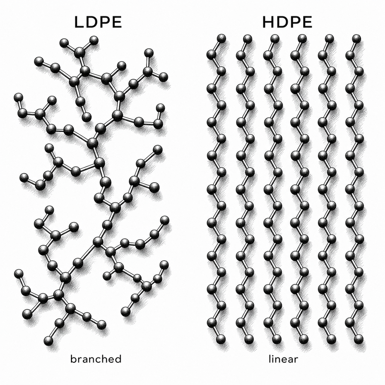 Two-panel molecular schematic comparing LDPE branched chains and HDPE linear chains