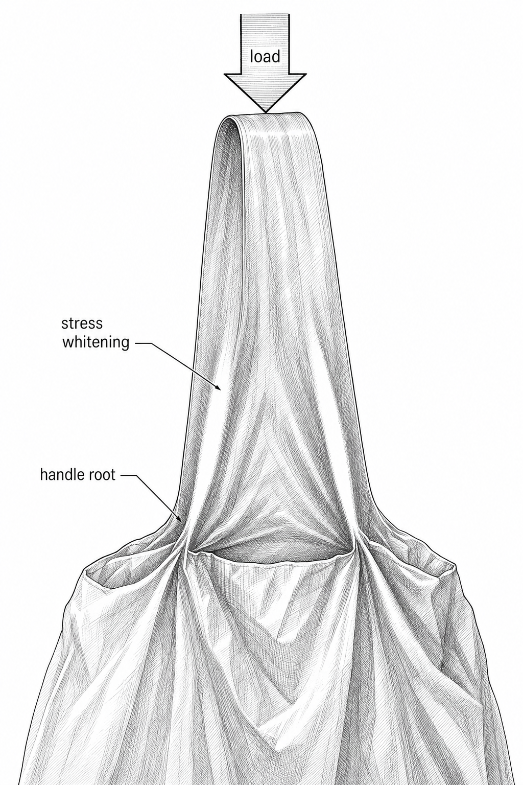 Close-up of LDPE bag handle under tension showing stress-whitened zones at the handle root