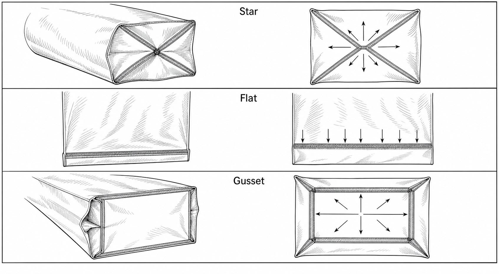 Three-panel cross-section comparison of star, flat, and gusset bottom seals on a polyethylene can liner