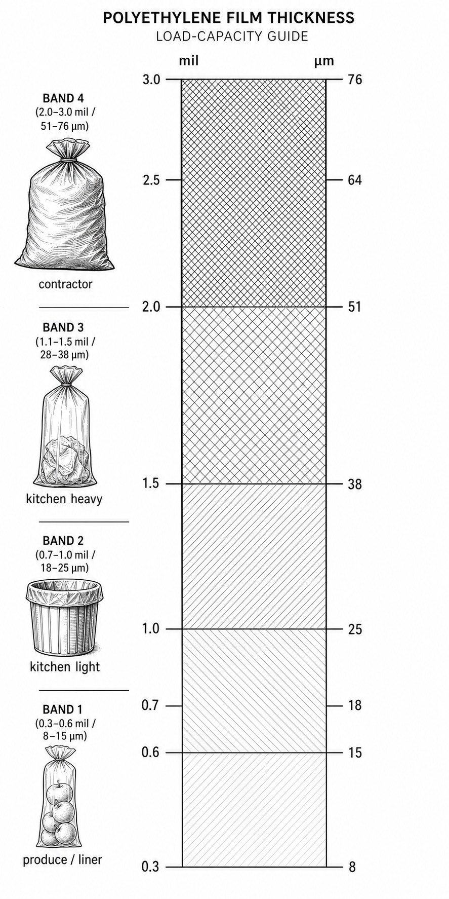 Vertical scale comparing LLDPE mil bands and HMW-HDPE micron bands aligned with static load capacity tiers
