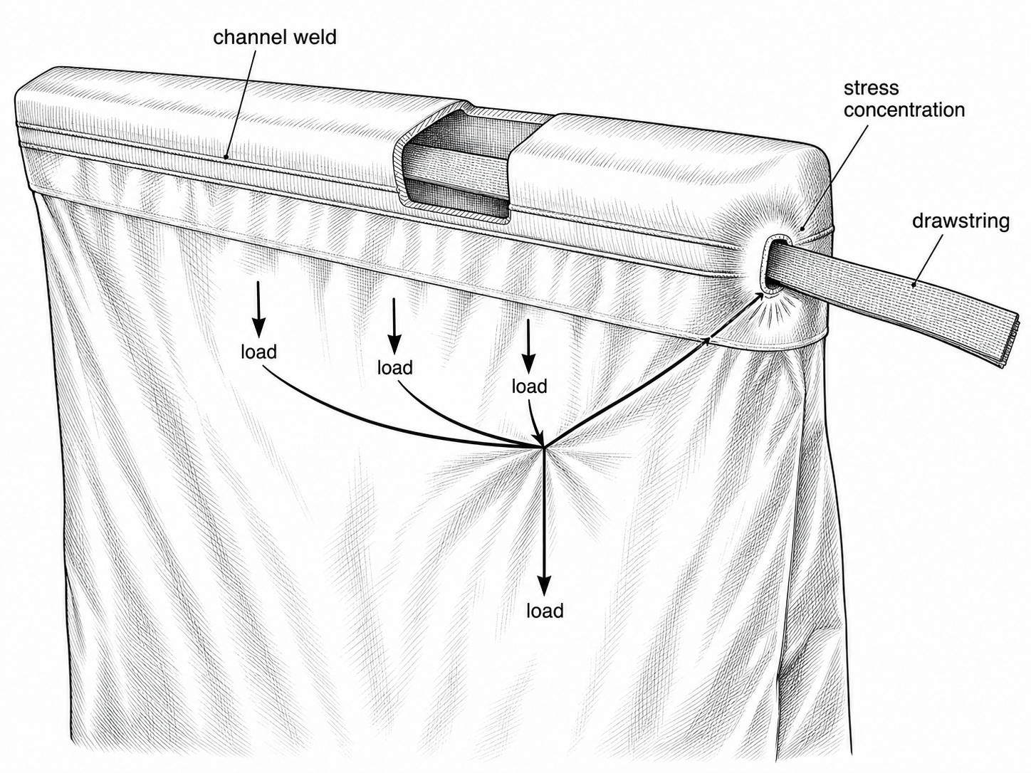 Schematic of a cinched drawstring liner with stress-concentration arrows at the upper hem channel