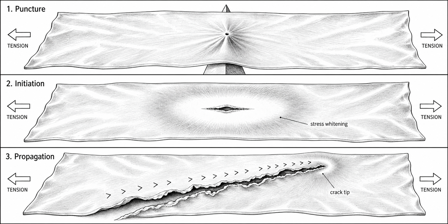 Two-panel diagram showing puncture initiation and propagating tear with stress-whitening on a contractor-mil polyethylene film