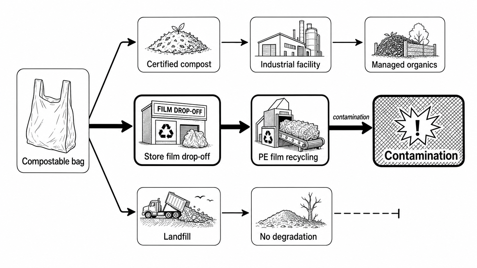 End-of-life pathway flow diagram for a compostable bag: industrial composter, home composter, landfill, and contamination of the polyethylene film recycling stream