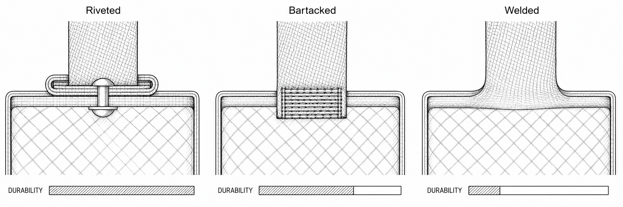 Three-panel cross-section comparison of riveted, bartacked, and welded strap attachments