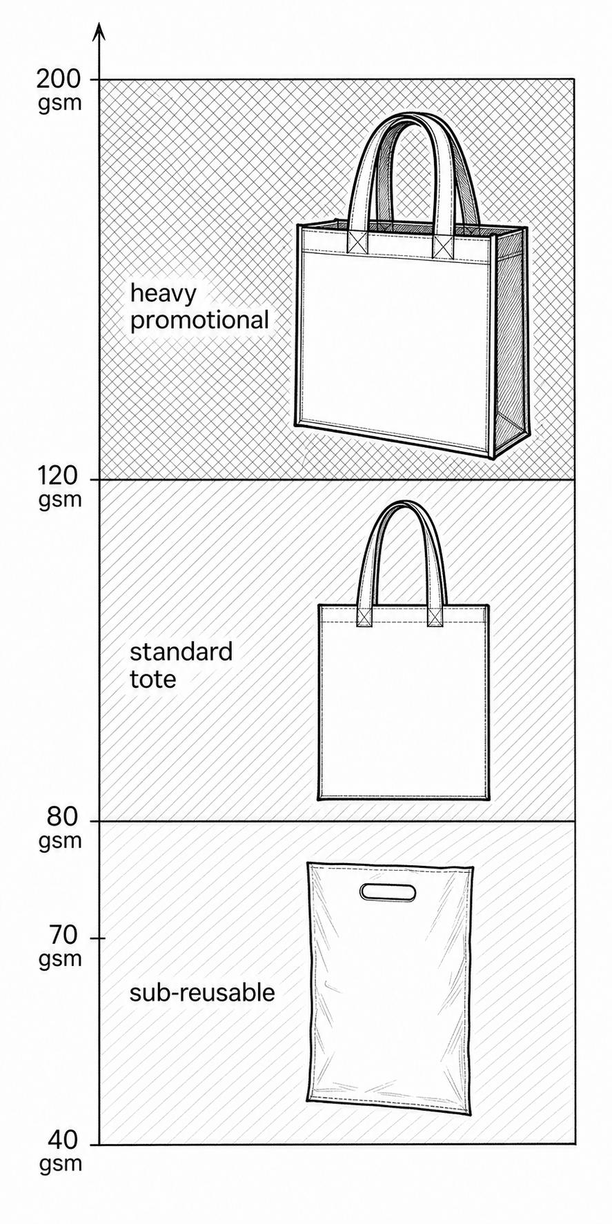 Vertical scale showing three GSM bands from sub-reusable to heavy promotional weight