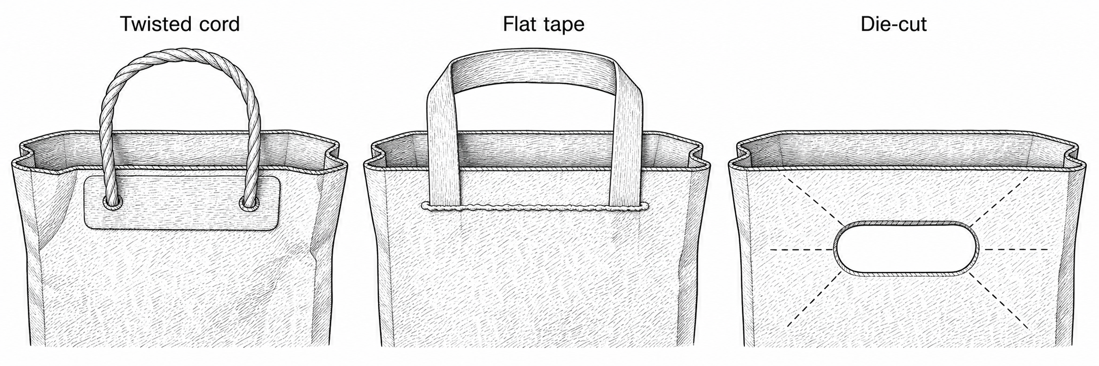 Three-panel cross-section comparison of twisted cord, flat tape, and die-cut kraft handles