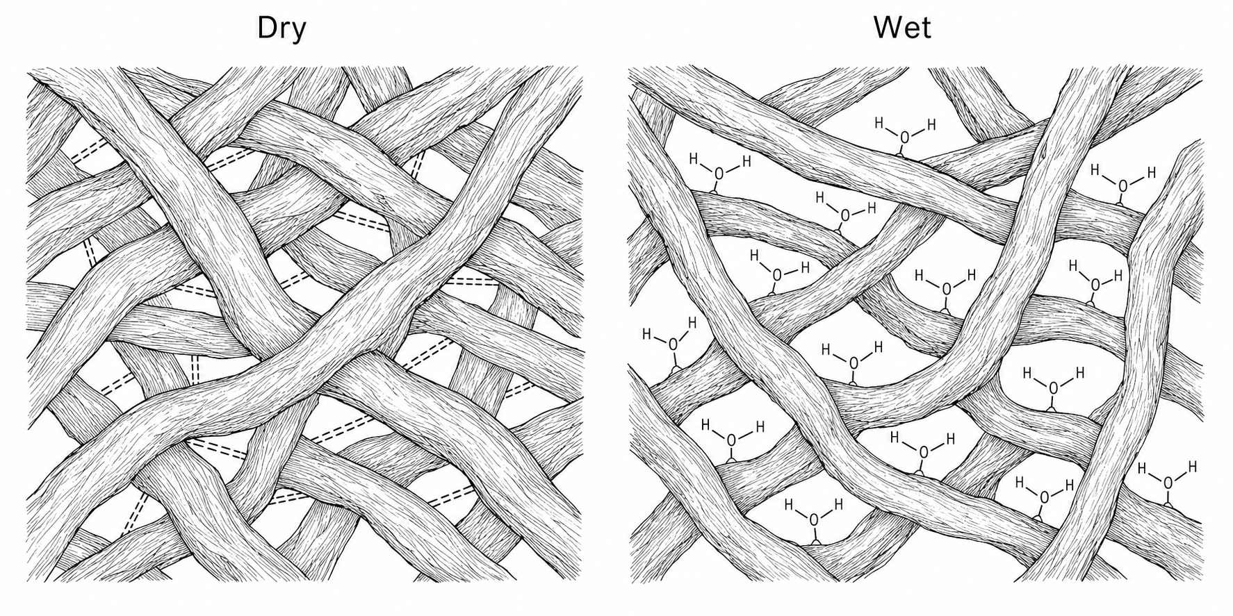 Two-panel schematic of kraft fiber network: dry with H-bonds vs wet with displaced bonds