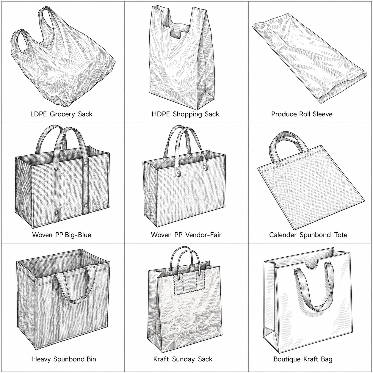 Nine household archetypes from LDPE film through boutique kraft