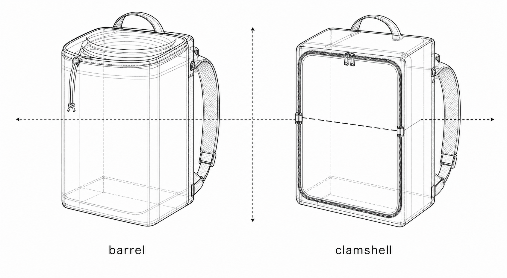 Two identical rectangular pack outlines with different opening curves - barrel vs clamshell