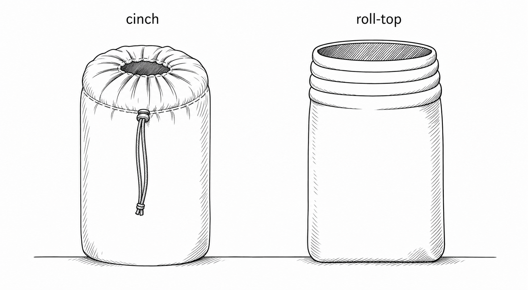 Profile sections comparing cinch collar vs roll-top closure geometry