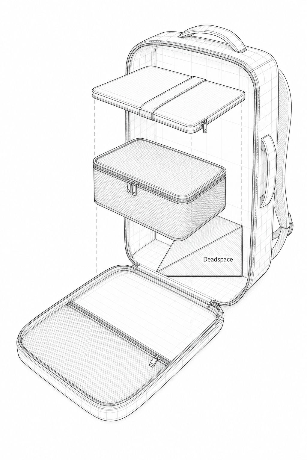 Exploded ghost diagram of floating sleeve, packing cube outline, and wedge deadspace