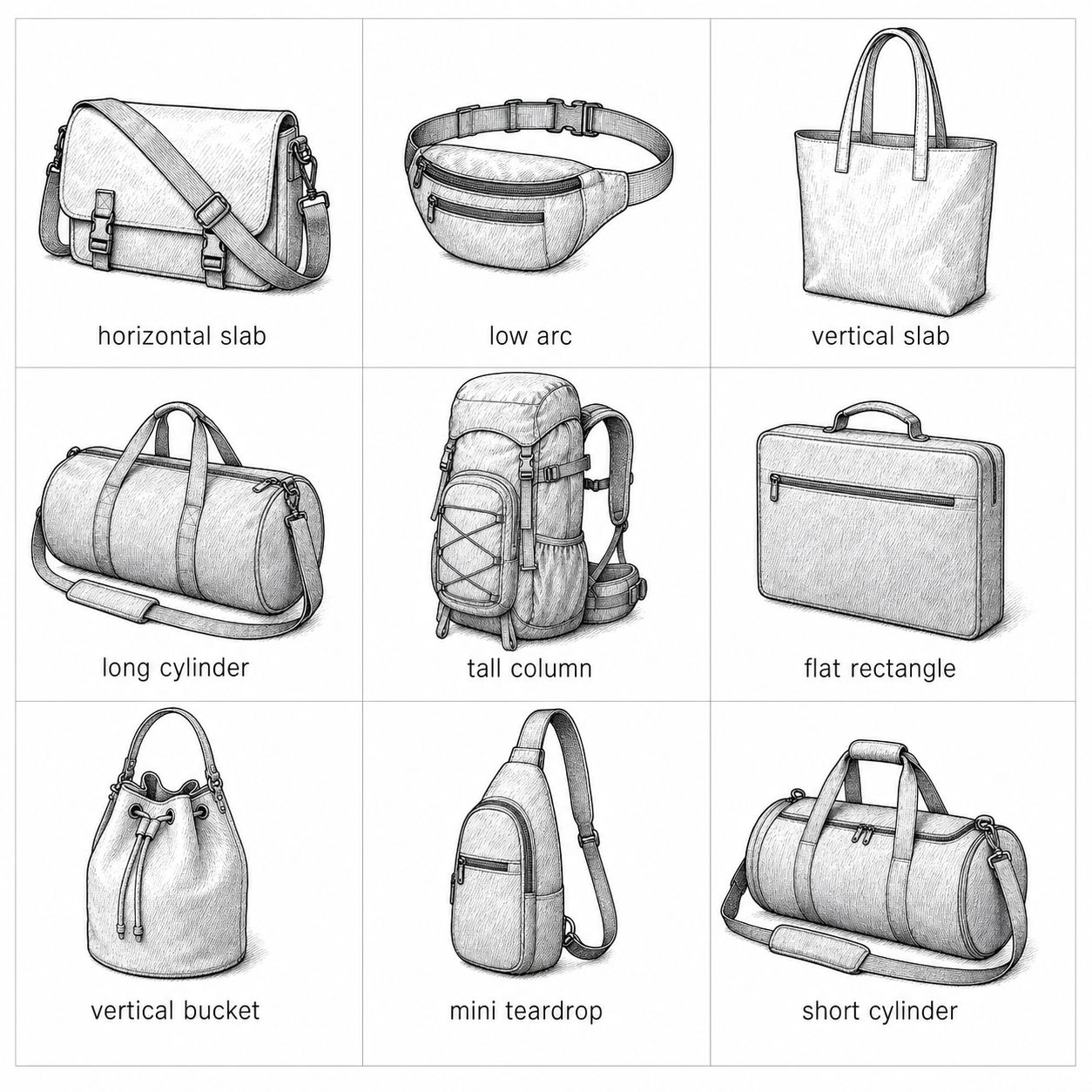 3x3 grid of nine generic bag silhouette archetypes