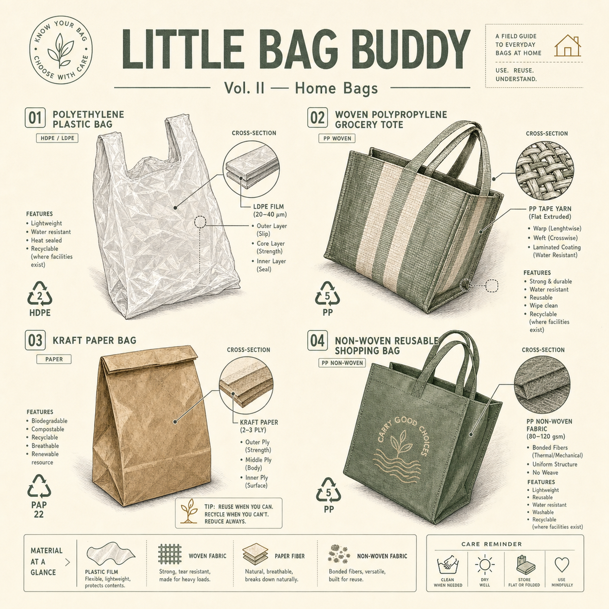 Little Bag Buddy Vol. II - Home Bags cover: four household bag types with material cross-sections in a field-guide layout
