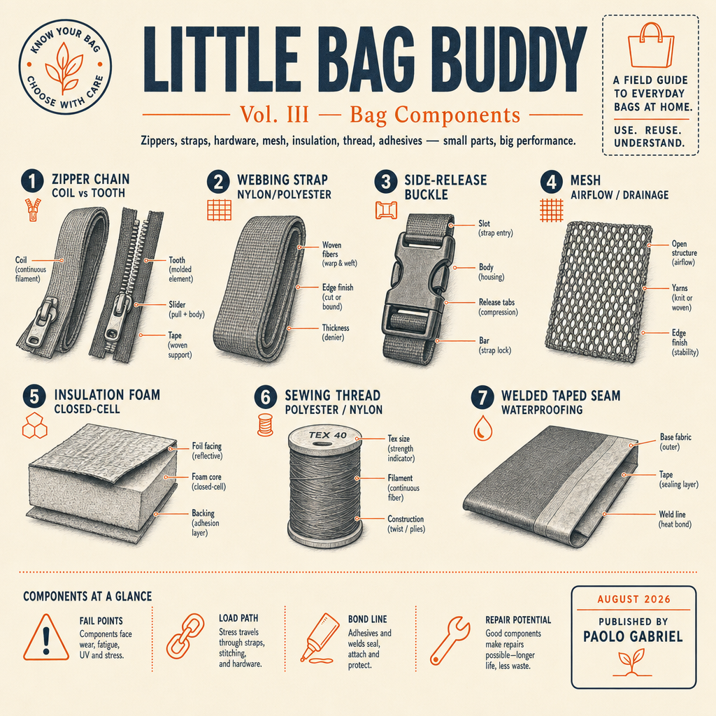 Little Bag Buddy Vol. III - Bag Components cover: seven component families with failure-mode callouts in a field-guide layout