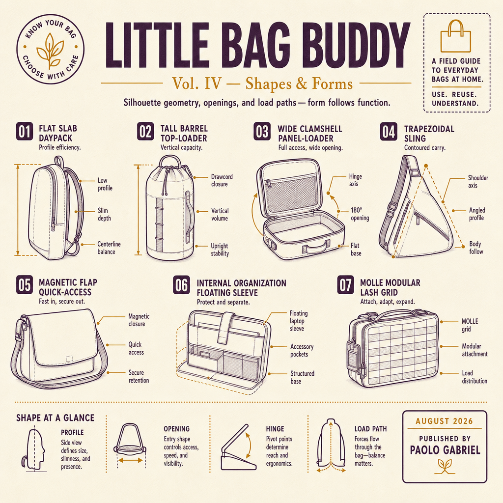 Little Bag Buddy Vol. IV - Shapes & Forms cover: seven bag profile silhouettes with geometry callouts in a field-guide layout
