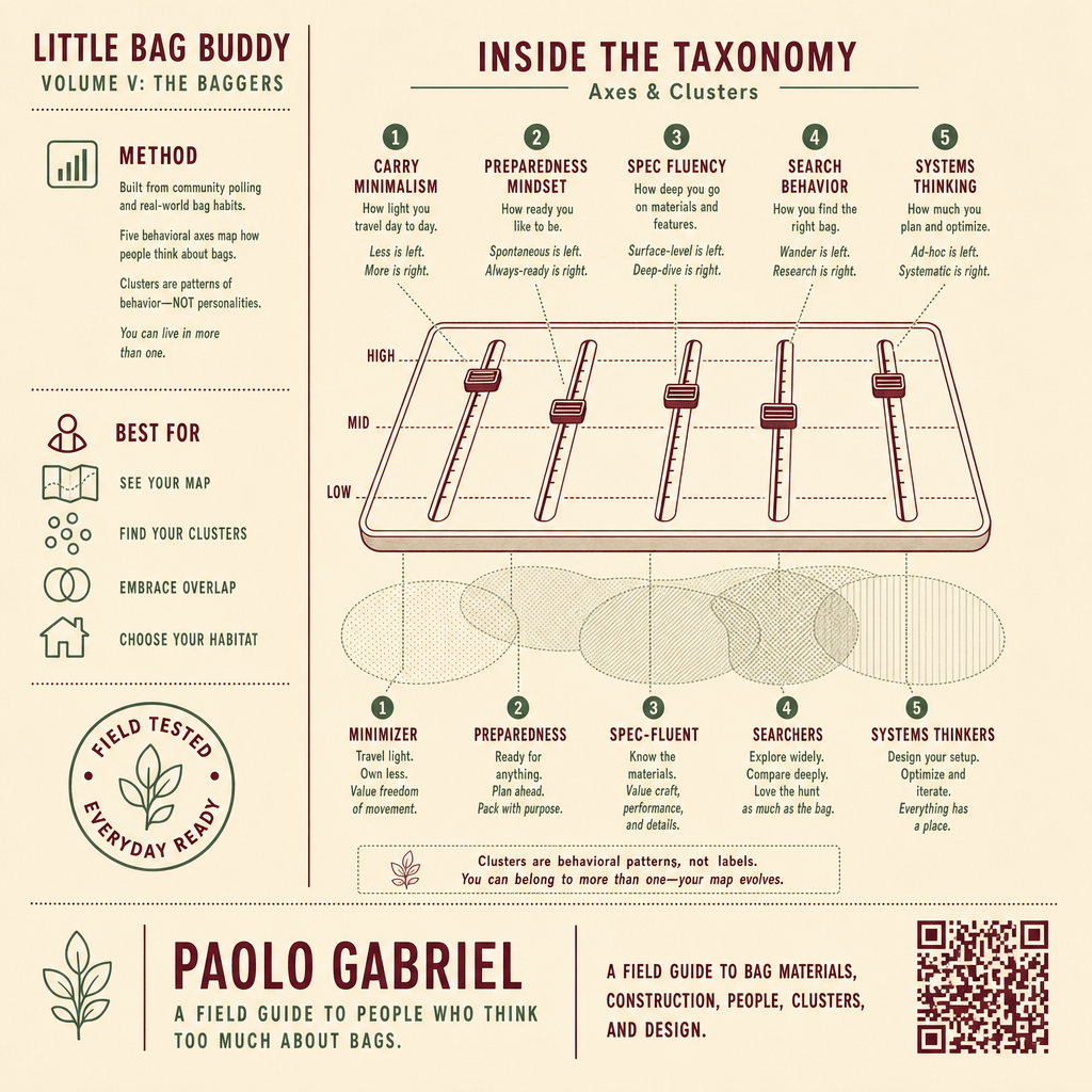 Little Bag Buddy Vol. V - The Baggers back cover: five-axis taxonomy board with cluster ghosts and polling method rail