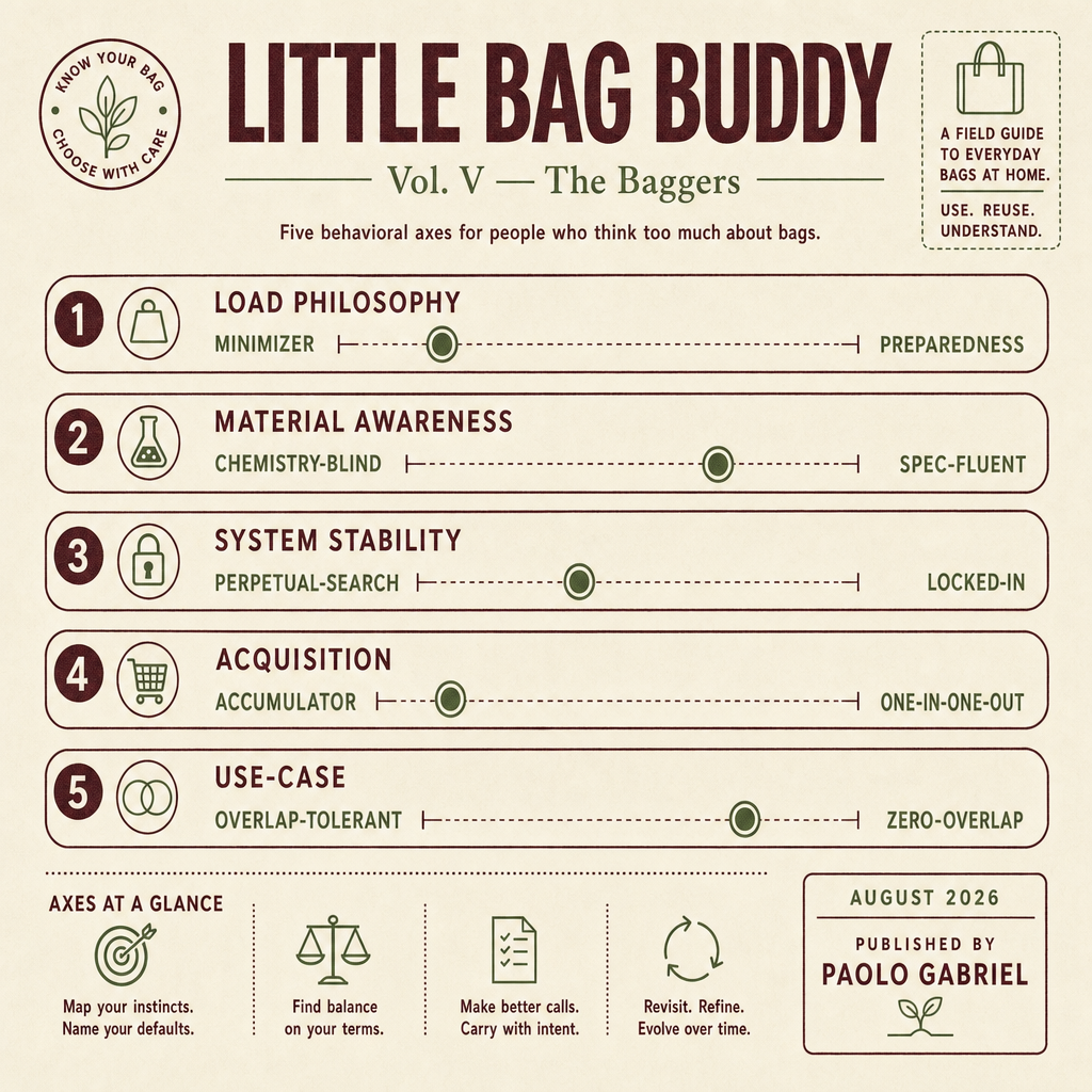 Little Bag Buddy Vol. V - The Baggers cover: five behavioral axis sliders in a field-guide layout