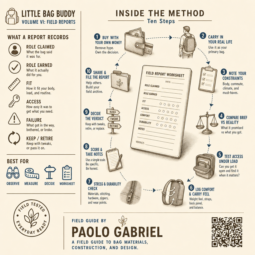 Little Bag Buddy Vol. VI - Field Reports back cover: ten-step field-report workflow and worksheet card