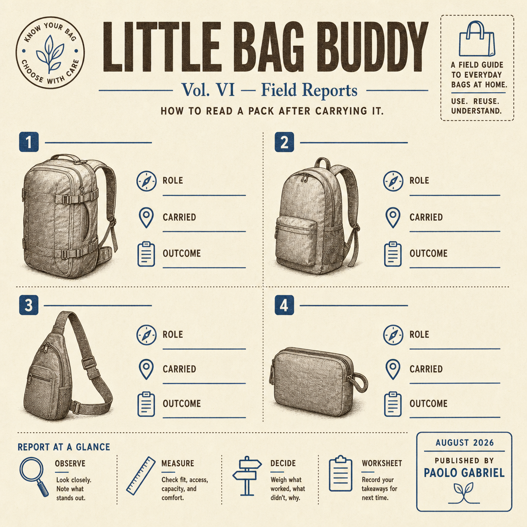 Little Bag Buddy Vol. VI - Field Reports cover: four generic unbranded bag archetypes as blank field-report data cards