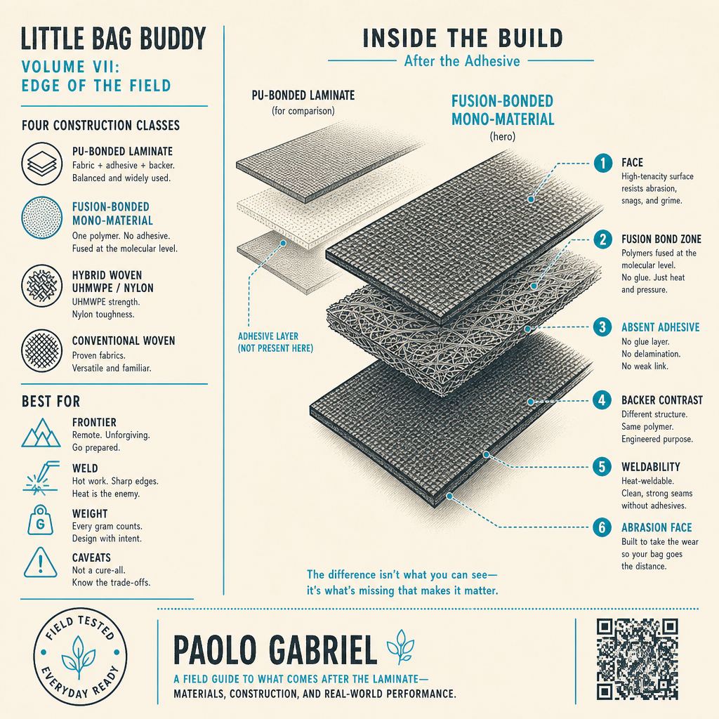 Little Bag Buddy Vol. VII - Edge of the Field back cover: fusion-bonded mono-material cutaway with ghosted PU-bonded stack showing absent adhesive